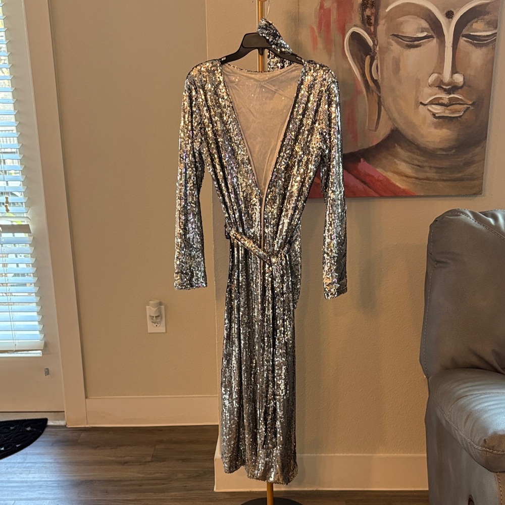 Silver Sequin Long Sleeve Wrap Maxi Dress